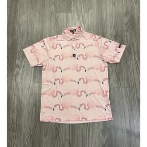 Bad Birdie Pinky Promise Flamingo Print Performance Golf Polo Mens M With Logo